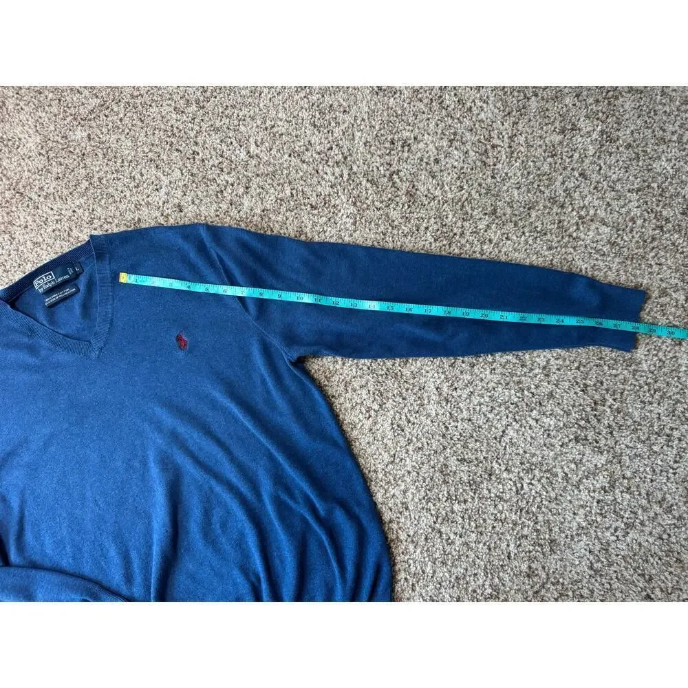 POLO RALPH LAUREN 100% PIMA Cotton sweater, Men's LG; V neck; Long sleeves; Blue